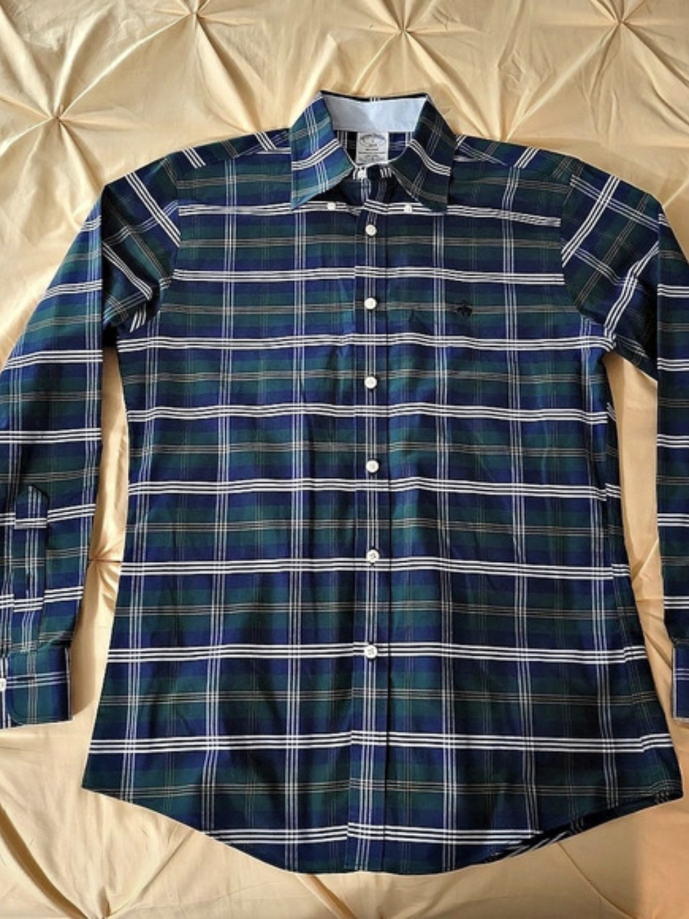 Brooks Brothers Regent Fit Non-Iron Plaid Sport Shirt Green & Blue Small